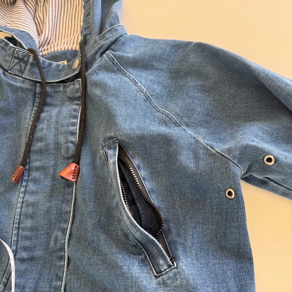 mo:vint-Denim Chore Jacket-Fisherman Core-Pockets-Hood-Size S - Picture 8 of 12